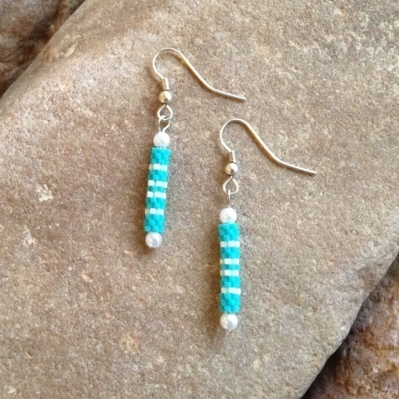 Simple Turquoise and White Beaded Earrings, New, Handmade by Me - Picture 3 of 3